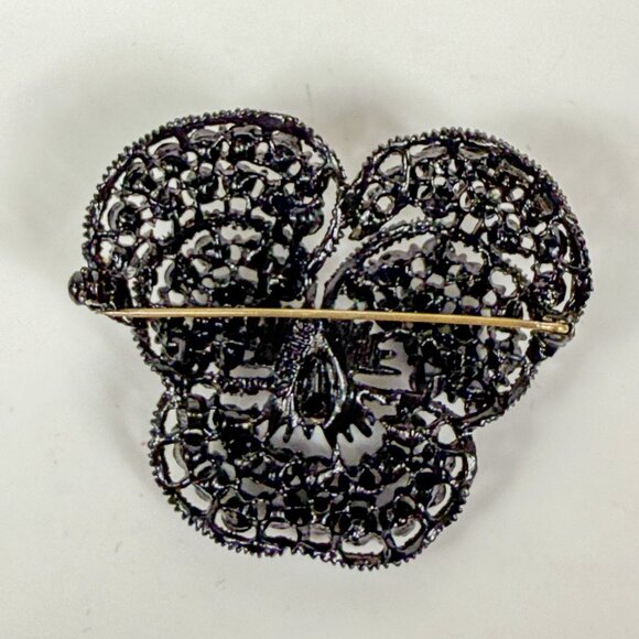 Weiss Black Pansy Rhinestone Brooch Clip-On Earrings Vintage Jewelry Set - Picture 5 of 7